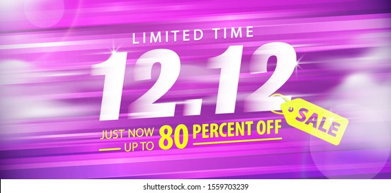 Purple 12.12  sale 80 percent off promotion website banner heading design on graphic purple background vector for banner or poster. Sale and Discounts Concept.