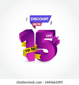 Purple 15% 3d discount vector template. Design for advertising, greeting card, banner or print.