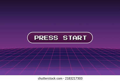 Purple 1980's vintage cyberpunk neon perspective grid, initial retro video game screen with the written text "press start" in a pop-up window. Vector illustration