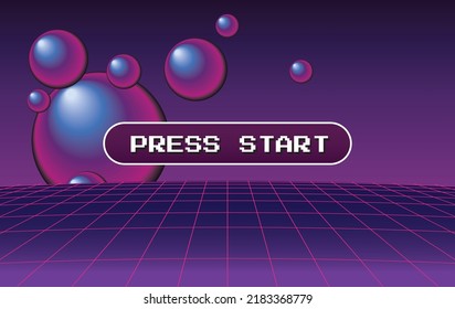 Purple 1980's vintage cyberpunk neon perspective grid, initial retro video game screen with the written text "press start" in a pop-up window. Vector illustration