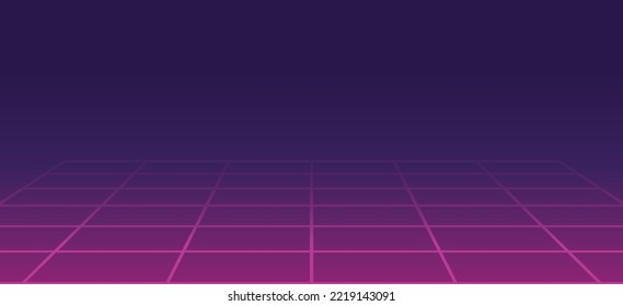 Purple 1980's vintage cyberpunk neon perspective grid, initial retro video game screen. Vector illustration
