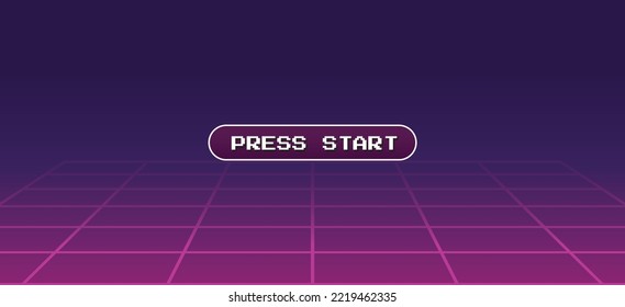 Purple 1980's vintage cyberpunk neon perspective grid, initial retro video game screen with the written text "press start" in a pop-up window. Vector illustration
