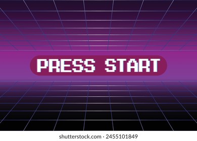 Purple 1980's vintage cyberpunk neon perspective grid, initial retro video game screen with the written text "press start" in a pop-up window. vector illustration