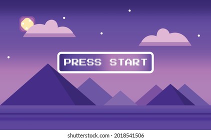 Purple 1980 con fondo de juego vintage con nubes rosas y pirámides, pantalla inicial de videojuegos retro con el texto escrito "press start" en una ventana emergente. Ilustración del vector