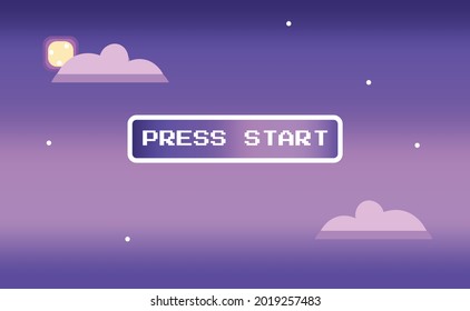 Purple 1980's Vintage Game Background With Pink Clouds, Initial Retro Video Game Screen With The Written Text 