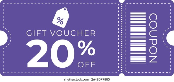 Roxo 20% de desconto no vale-presente com código de barras, ícone de etiqueta e tipografia em negrito. Perfeito para promoções, vendas, comércio eletrônico e publicidade de varejo. Ideal para uso comercial e de marketing.
