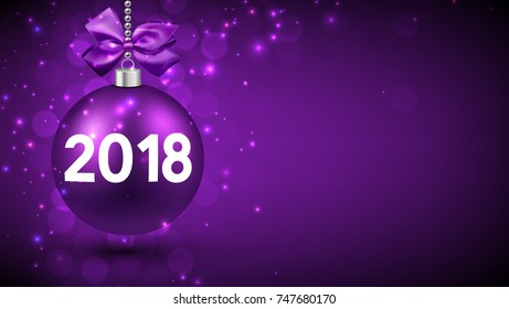 Purple 2018 New Year background with Christmas ball. Vector illustration.
