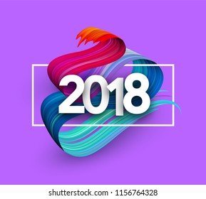 Purple 2018 year background with white frame and spectrum brush stroke. Colorful gradient brush design. Greeting card or poster template. Vector illustration.

