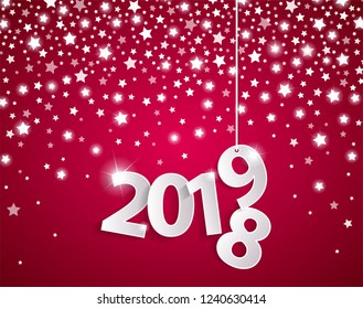 Purple 2019 greeting card concept with paper cuted white numbers on silver star fall background. Change year concept. Happy New Year and Merry Christmas. Vector illustration