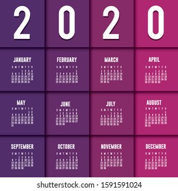 purple 2020 calendar design, Planner time event moth date day page plan and reminder theme Vector illustration