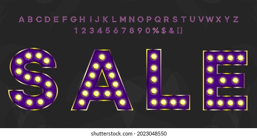 Purple 2021 sale vintage text with alphabet and numbers. Neon violet letters typeface for retro party or event signboard.