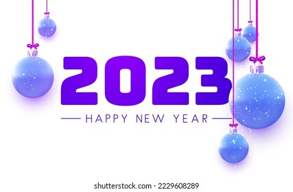 Purple 2023 sign with blue hanging baubles. Vector holiday illustration.