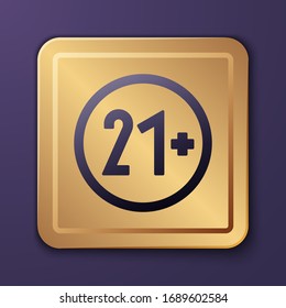 Purple 21 plus icon isolated on purple background. Adults content icon. Gold square button. Vector Illustration