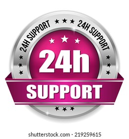 Purple 24h support badge with ribbon on white background