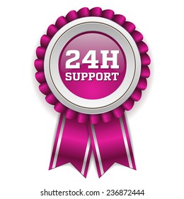 Purple 24h support badge with ribbon on white background
