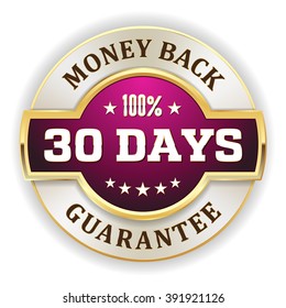 Purple 30 days money back badge with gold border on white background