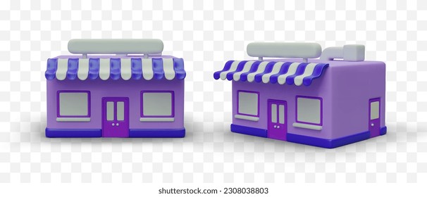 Purple 3D buildings, fashionable shops in cartoon style. Front and side view. Empty sign and windows. Realistic objects for advertising online shopping, illustrating store web pages