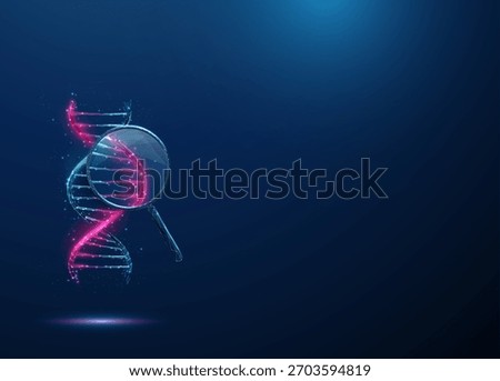 Purple 3D DNA under magnifying glass. Genetic mutation, DNA sequencing, molecular biology, gene editing, scientific innovation, diagnostics concept Low poly digital futuristic style, wireframe Vector.
