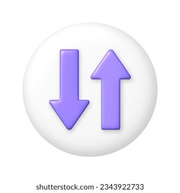 Purple 3D down and up arrow icon on white button. 3d cartoon design element. vector illustration.