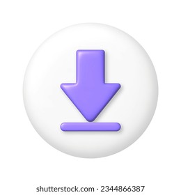 Purple 3D down arrow icon on white button. 3d cartoon design element. vector illustration.