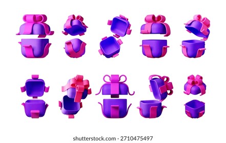 Cajas de regalo púrpuras 3D con arcos rosados en varios estados abiertos y cerrados, aislados sobre fondo blanco. Concepto de celebración y sorpresa. Ilustración vectorial