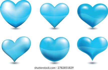 Purple 3D hearts set, glossy shiny light blue heart icons with realistic texture