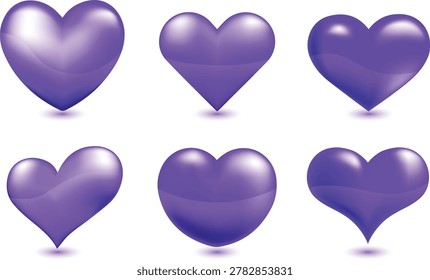 Purple 3D hearts set, glossy shiny violet heart icons with realistic texture