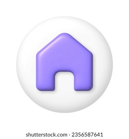 Purple 3D house icon on white button. 3d cartoon design element. vector illustration.