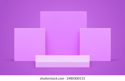 Púrpura 3d luz podio escenario con fondo de pared cuadrado Ilustración vectorial realista. Vitrina geométrica minimalista de peana pastel violeta que representa la presentación de la exhibición comercial