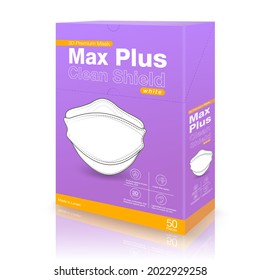 Purple 3D medical mask packaging box designs, size 50 pieces, on isolated white background.assembling advertisements, packaging, printed media. Realistic file.