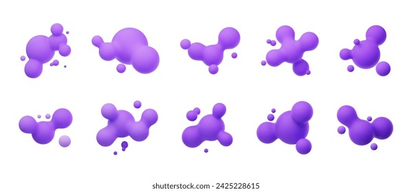 Purple 3D morphing balls. Liquid blobs like lava lamp. Fluid 3D metaballs. Colorful vector illustration for cards, posters, advertising, flyers. Isolated on white background.