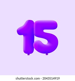 Purple 3D number 15 balloon realistic 3d helium Purple balloons. Vector illustration design Party decoration, Birthday,Anniversary,Christmas, Xmas,New year,Holiday Sale,celebration,carnival,inflatable