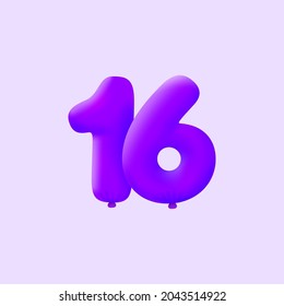 Purple 3D number 16 balloon realistic 3d helium Purple balloons. Vector illustration design Party decoration, Birthday,Anniversary,Christmas, Xmas,New year,Holiday Sale,celebration,carnival,inflatable