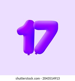 Purple 3D number 17 balloon realistic 3d helium Purple balloons. Vector illustration design Party decoration, Birthday,Anniversary,Christmas, Xmas,New year,Holiday Sale,celebration,carnival,inflatable