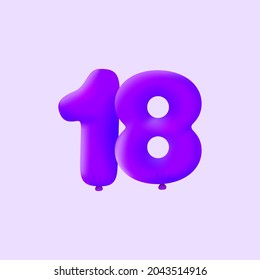 Purple 3D number 18 balloon realistic 3d helium Purple balloons. Vector illustration design Party decoration, Birthday,Anniversary,Christmas, Xmas,New year,Holiday Sale,celebration,carnival,inflatable