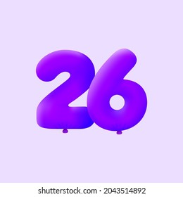 Purple 3D number 26 balloon realistic 3d helium Purple balloons. Vector illustration design Party decoration, Birthday,Anniversary,Christmas, Xmas,New year,Holiday Sale,celebration,carnival,inflatable