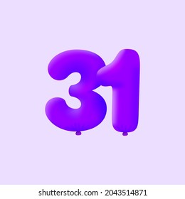 Purple 3D number 31 balloon realistic 3d helium Purple balloons. Vector illustration design Party decoration, Birthday,Anniversary,Christmas, Xmas,New year,Holiday Sale,celebration,carnival,inflatable