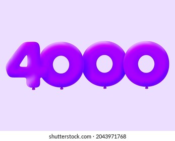 Purple 3D number 4000 balloon realistic 3d helium Purple balloons. Vector illustration design Party decoration,Birthday,Anniversary,Christmas,Xmas,New year,Holiday Sale,celebration,carnival