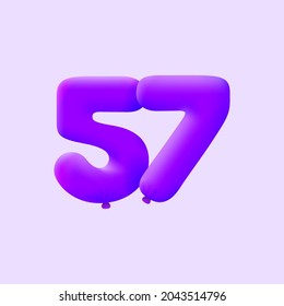 Purple 3D number 57 balloon realistic 3d helium Purple balloons. Vector illustration design Party decoration, Birthday,Anniversary,Christmas, Xmas,New year,Holiday Sale,celebration,carnival,inflatable