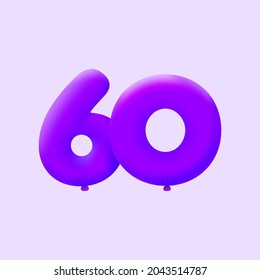 Purple 3D number 60 balloon realistic 3d helium Purple balloons. Vector illustration design Party decoration, Birthday,Anniversary,Christmas, Xmas,New year,Holiday Sale,celebration,carnival,inflatable