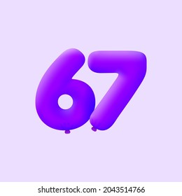 Purple 3D number 67 balloon realistic 3d helium Purple balloons. Vector illustration design Party decoration, Birthday,Anniversary,Christmas, Xmas,New year,Holiday Sale,celebration,carnival,inflatable