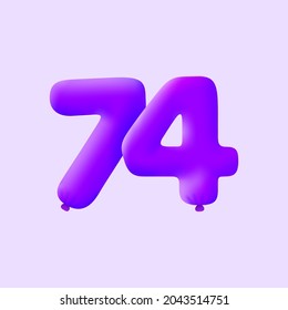 Purple 3D number 74 balloon realistic 3d helium Purple balloons. Vector illustration design Party decoration, Birthday,Anniversary,Christmas, Xmas,New year,Holiday Sale,celebration,carnival,inflatable