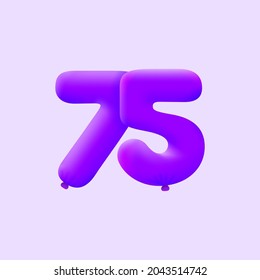 Purple 3D number 75 balloon realistic 3d helium Purple balloons. Vector illustration design Party decoration, Birthday,Anniversary,Christmas, Xmas,New year,Holiday Sale,celebration,carnival,inflatable