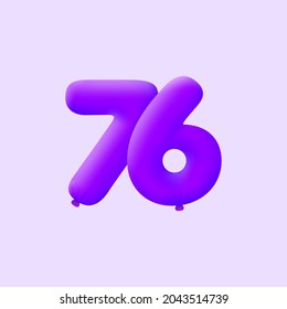 Purple 3D number 76 balloon realistic 3d helium Purple balloons. Vector illustration design Party decoration, Birthday,Anniversary,Christmas, Xmas,New year,Holiday Sale,celebration,carnival,inflatable