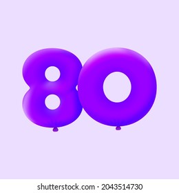 Purple 3D number 80 balloon realistic 3d helium Purple balloons. Vector illustration design Party decoration, Birthday,Anniversary,Christmas, Xmas,New year,Holiday Sale,celebration,carnival,inflatable