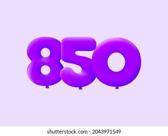Purple 3D number 850 balloon realistic 3d helium Purple balloons. Vector illustration design Party decoration,Birthday,Anniversary,Christmas,Xmas,New year,Holiday Sale,celebration,carnival