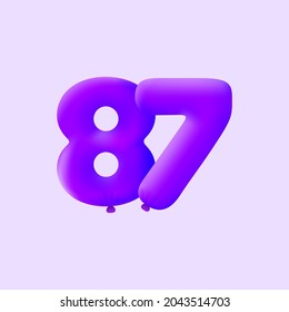 Purple 3D number 87 balloon realistic 3d helium Purple balloons. Vector illustration design Party decoration, Birthday,Anniversary,Christmas, Xmas,New year,Holiday Sale,celebration,carnival,inflatable