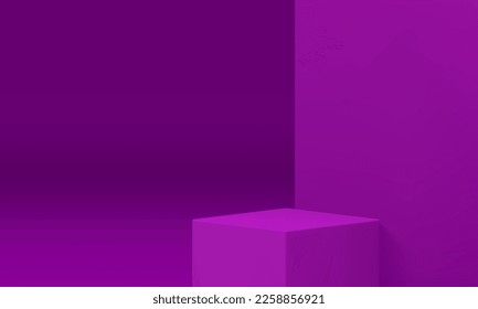 Purple 3d pedestal squared showcase foundation stage corner minimalist studio background realistic vector illustration. Violet podium cube stand award arena showroom display construction