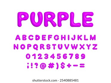 Purple 3d plastic balloon alphabet, symbols and numbers. Shiny inflated Y2K font ABC vector isolated