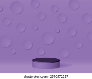 Purple 3d podium, abstract background with floating circles, stage for product display, modern minimal design.